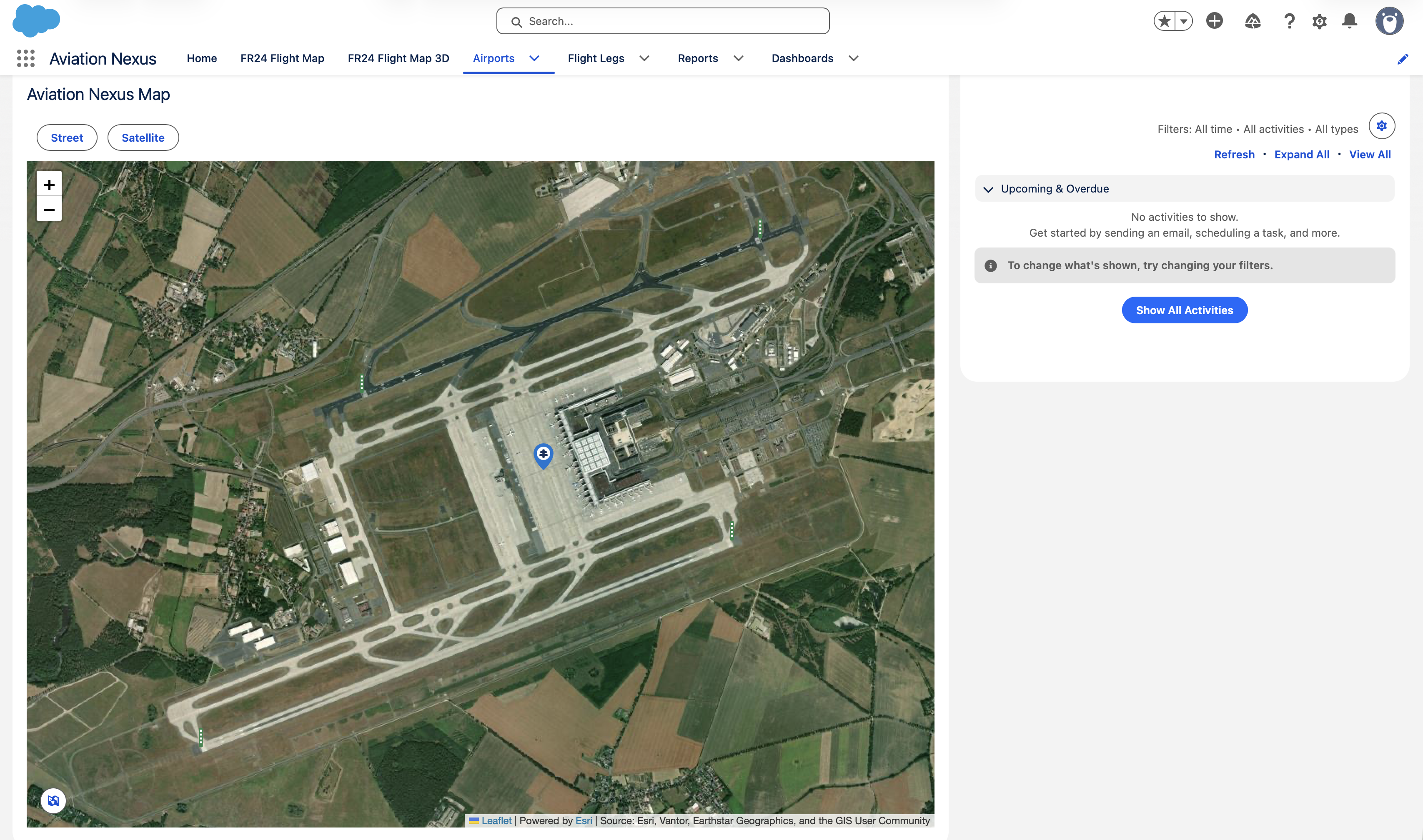 Aviation Nexus airport satellite map view inside Salesforce.